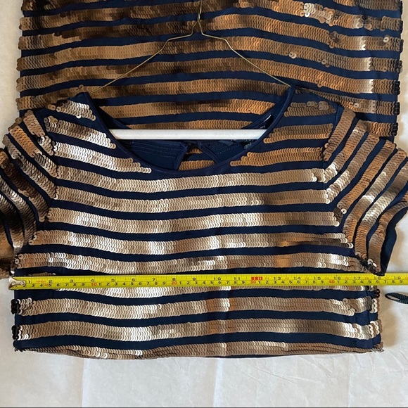 French Connection Sequin Shift Dress Size 4 Black Gold Stripe Short Sleeve Dress - Picture 11 of 15